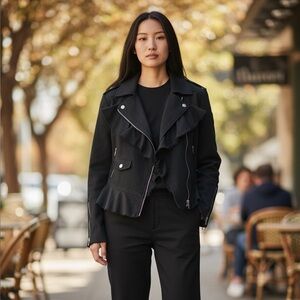 William Rast NWT $398 Black Moto Jacket L Distressed Ruffled Peplum Zippers WOW